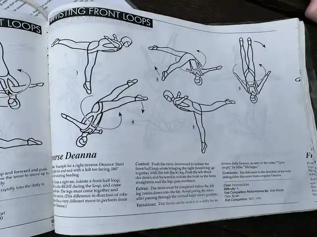 An open skydiving reference book showing a sequence of illustrated twisting front loops.