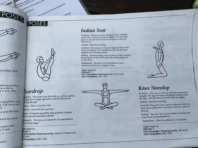 An open skydiving reference book showing illustrated body positions.