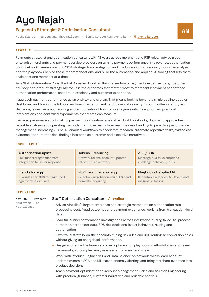 3-page resume (long-form), first-page preview